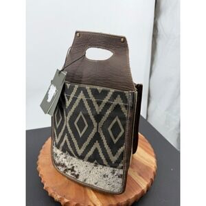 Myra Chevron 6‎ Pack Beer Caddy OS Brown Olive Upcycled Leather Cowhide S-6414